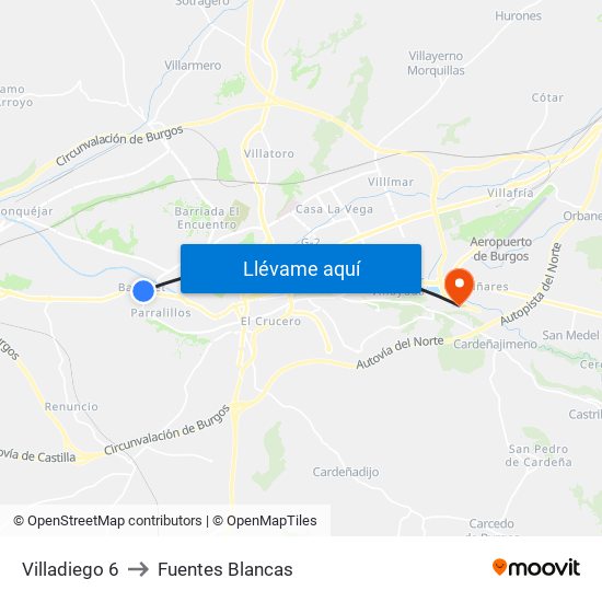 Villadiego 6 to Fuentes Blancas map