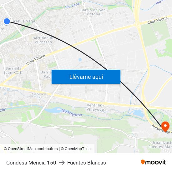 Condesa Mencía 150 to Fuentes Blancas map