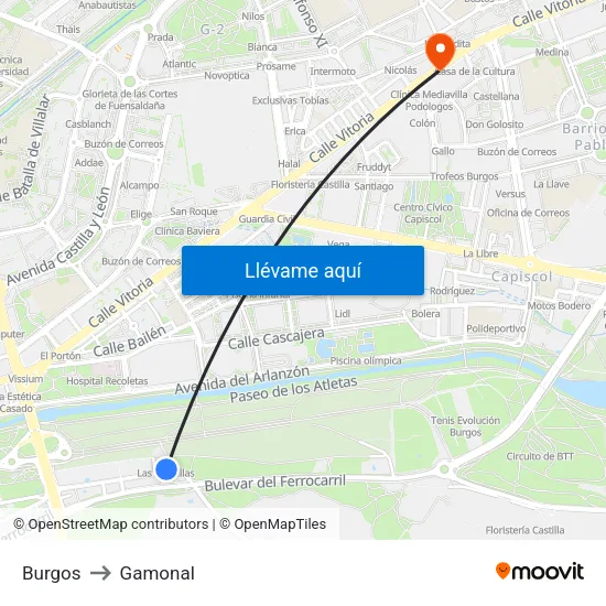 Burgos to Gamonal map