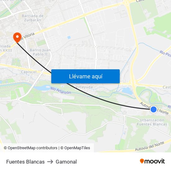 Fuentes Blancas to Gamonal map