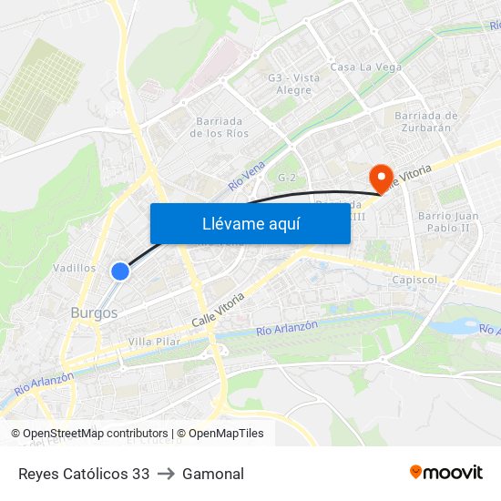Reyes Católicos 33 to Gamonal map