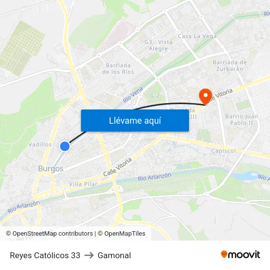 Reyes Católicos 33 to Gamonal map