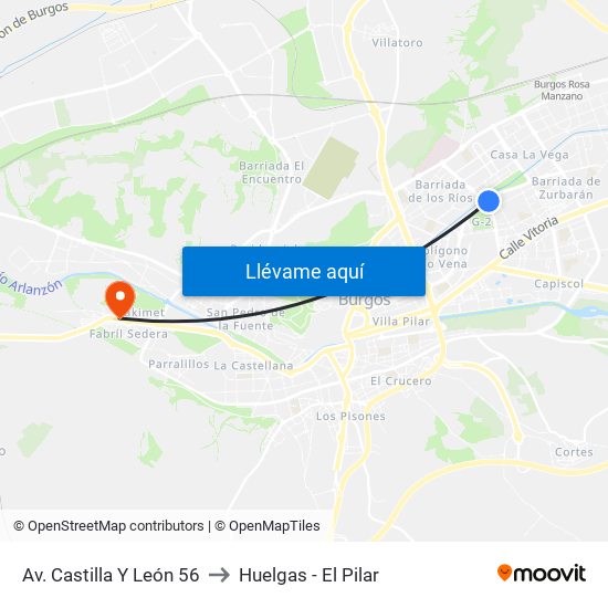 Av. Castilla Y León 56 to Huelgas - El Pilar map