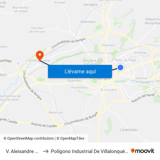 V. Aleixandre G2 to Polígono Industrial De Villalonquéjar map