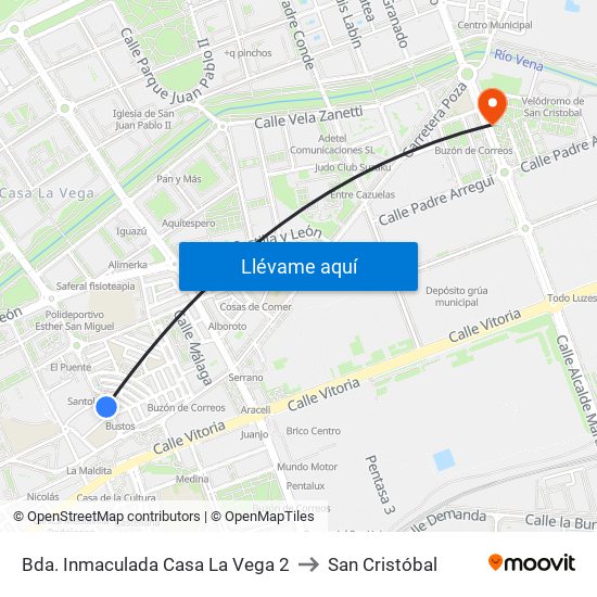 Bda. Inmaculada Casa La Vega 2 to San Cristóbal map