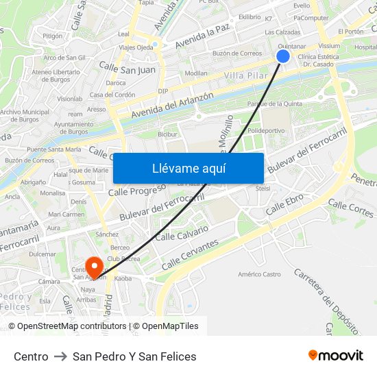 Centro to San Pedro Y San Felices map