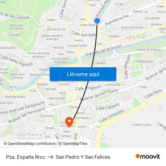 Pza. España Rrcc to San Pedro Y San Felices map