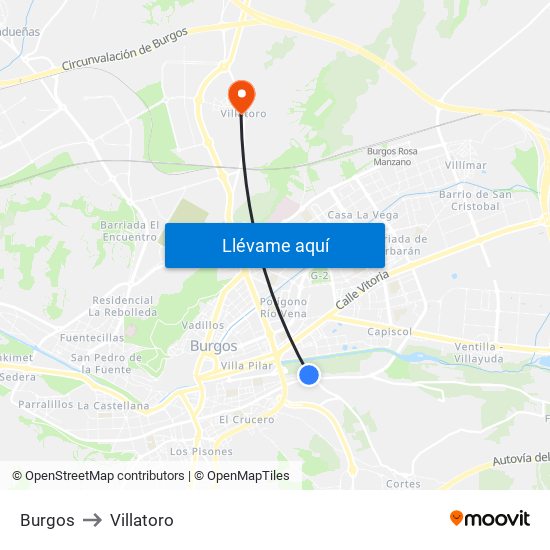 Burgos to Villatoro map