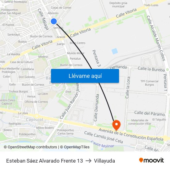Esteban Sáez Alvarado Frente 13 to Villayuda map