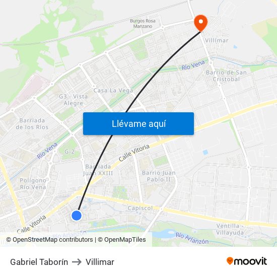 Gabriel Taborín to Villimar map