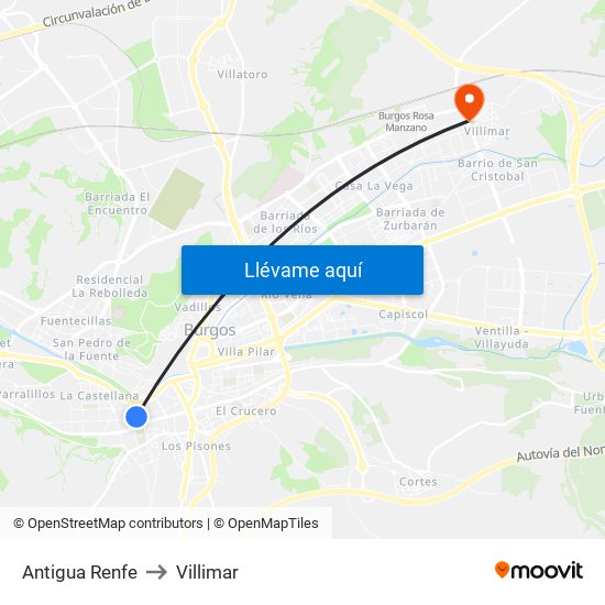 Antigua Renfe to Villimar map