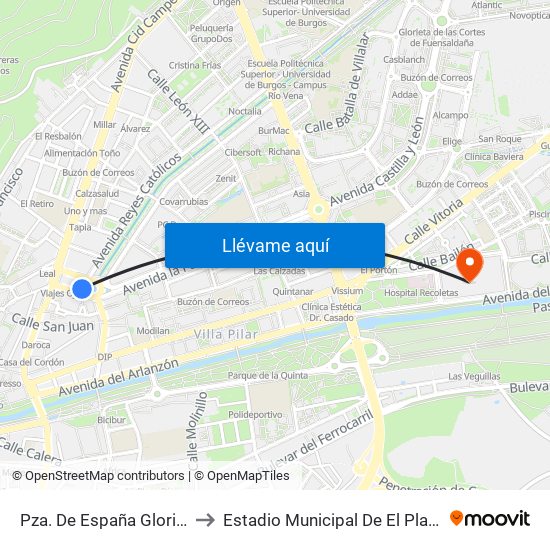 Pza. De España Glorieta to Estadio Municipal De El Plantío map