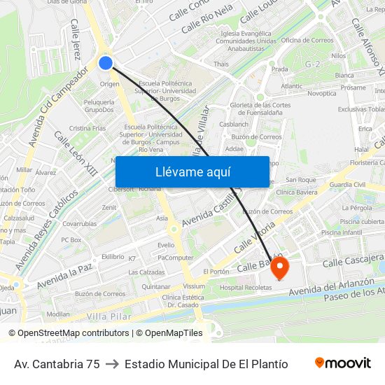 Av. Cantabria 75 to Estadio Municipal De El Plantío map
