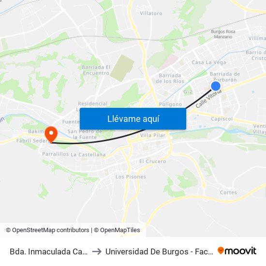Bda. Inmaculada Casa La Vega 2 to Universidad De Burgos - Facultad De Derecho map