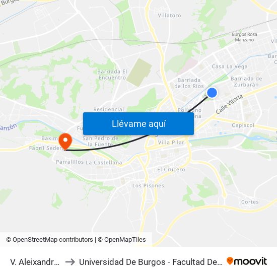 V. Aleixandre G2 to Universidad De Burgos - Facultad De Derecho map