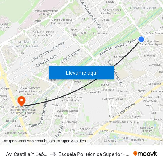 Av. Castilla Y León Pares Av. Casa La Vega to Escuela Politécnica Superior - Universidad De Burgos - Campus Río Vena map