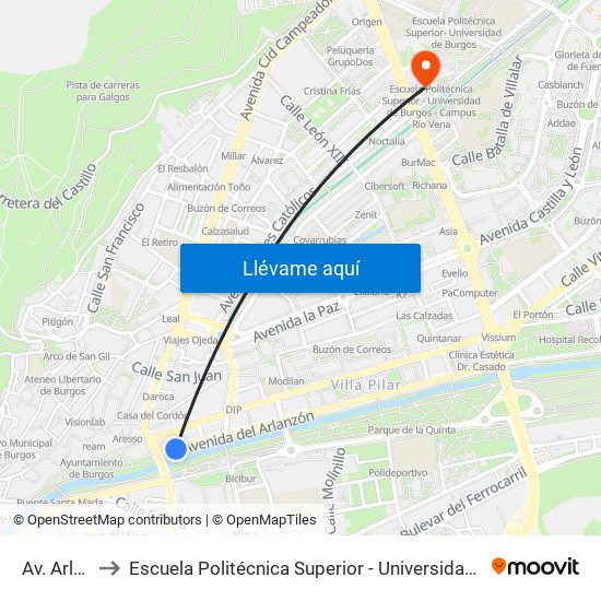Av. Arlanzón 1 to Escuela Politécnica Superior - Universidad De Burgos - Campus Río Vena map