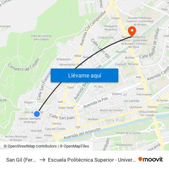 San Gil (Fernán González) to Escuela Politécnica Superior - Universidad De Burgos - Campus Río Vena map