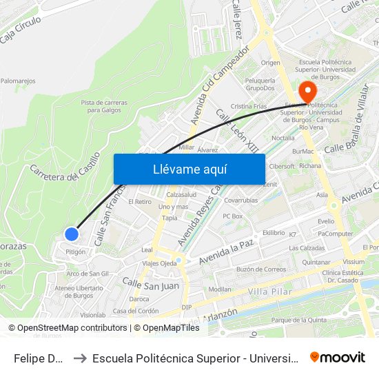 Felipe De Abajo 33 to Escuela Politécnica Superior - Universidad De Burgos - Campus Río Vena map