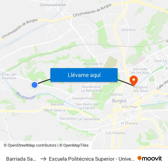 Barriada San Juan Bautista to Escuela Politécnica Superior - Universidad De Burgos - Campus Río Vena map