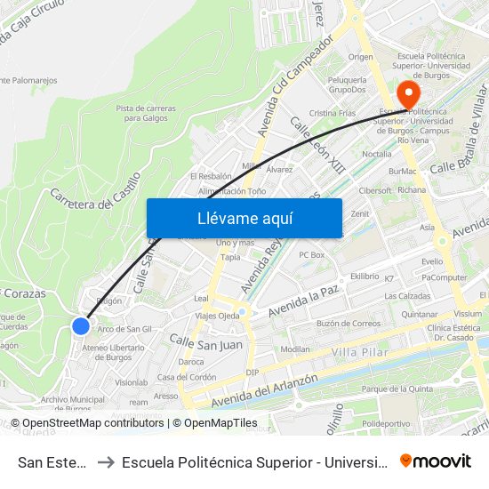 San Esteban (Arco) to Escuela Politécnica Superior - Universidad De Burgos - Campus Río Vena map