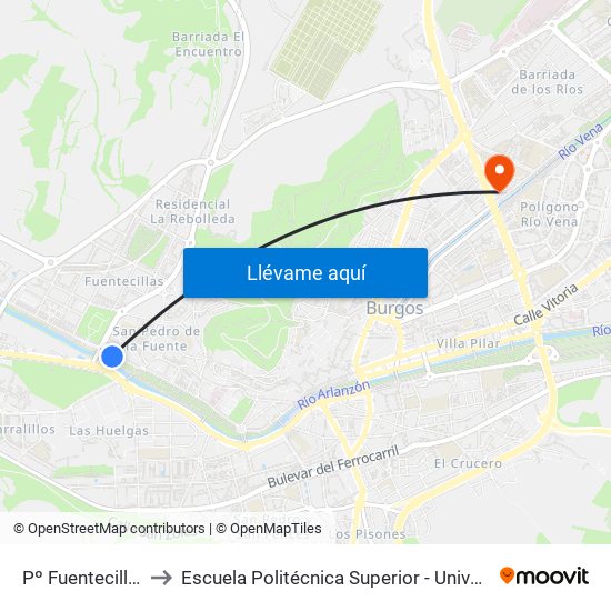 Pº Fuentecillas Rio Arlanzón to Escuela Politécnica Superior - Universidad De Burgos - Campus Río Vena map