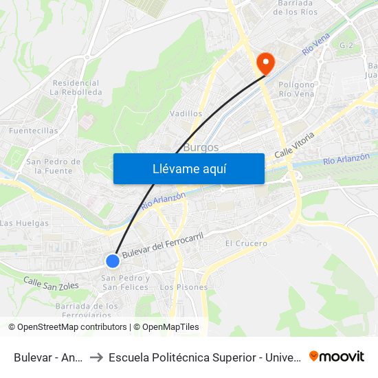 Bulevar - Antigua Estación to Escuela Politécnica Superior - Universidad De Burgos - Campus Río Vena map