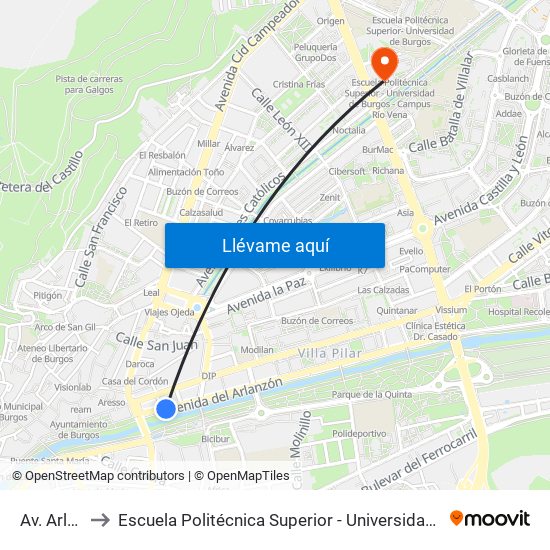 Av. Arlanzón 4 to Escuela Politécnica Superior - Universidad De Burgos - Campus Río Vena map