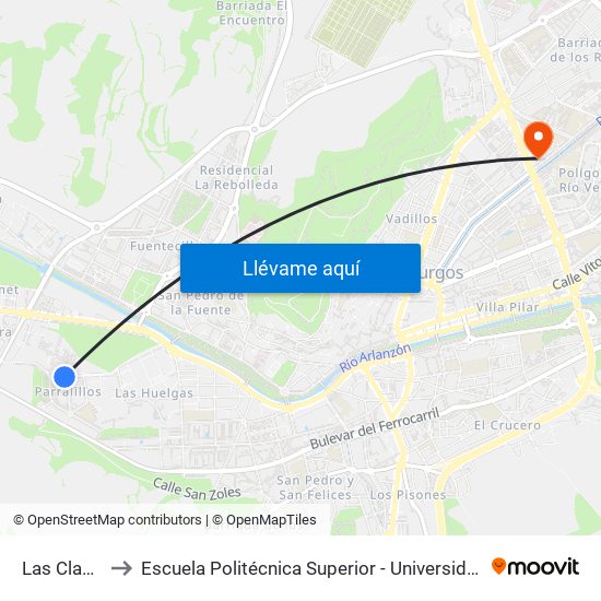 Las Claustrillas 3 to Escuela Politécnica Superior - Universidad De Burgos - Campus Río Vena map