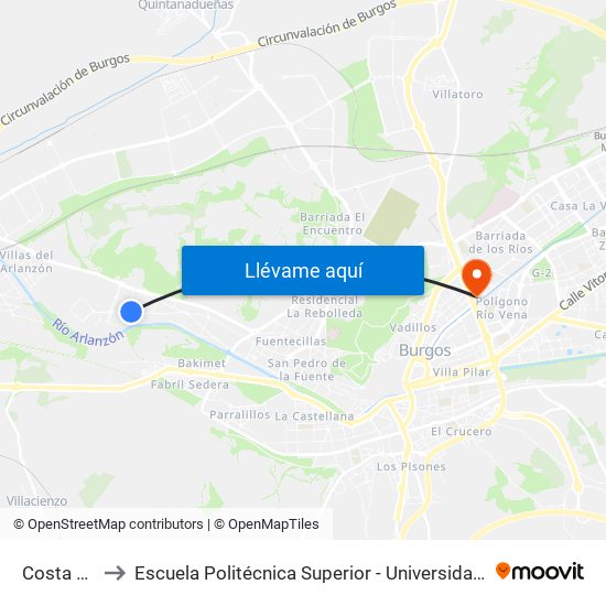 Costa Rica 108 to Escuela Politécnica Superior - Universidad De Burgos - Campus Río Vena map
