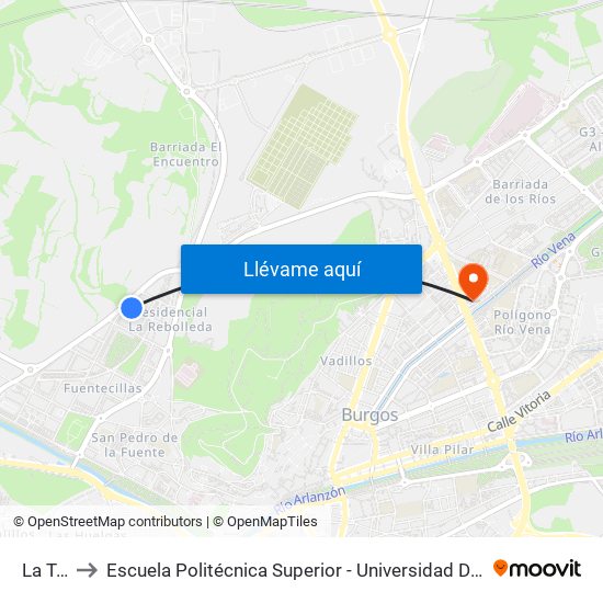La Tala 8 to Escuela Politécnica Superior - Universidad De Burgos - Campus Río Vena map