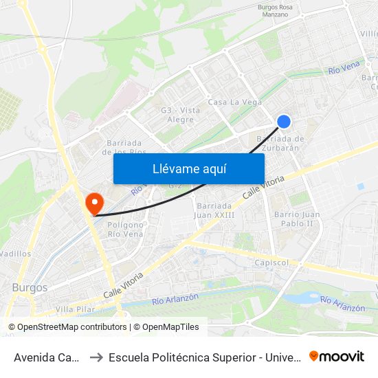 Avenida Castilla Y León 69 to Escuela Politécnica Superior - Universidad De Burgos - Campus Río Vena map