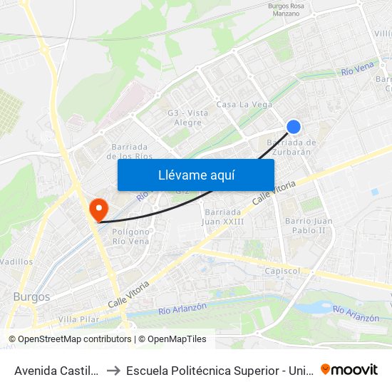 Avenida Castilla Y León Frente 69 to Escuela Politécnica Superior - Universidad De Burgos - Campus Río Vena map