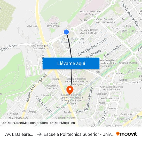 Av. I. Baleares Frente Maristas to Escuela Politécnica Superior - Universidad De Burgos - Campus Río Vena map