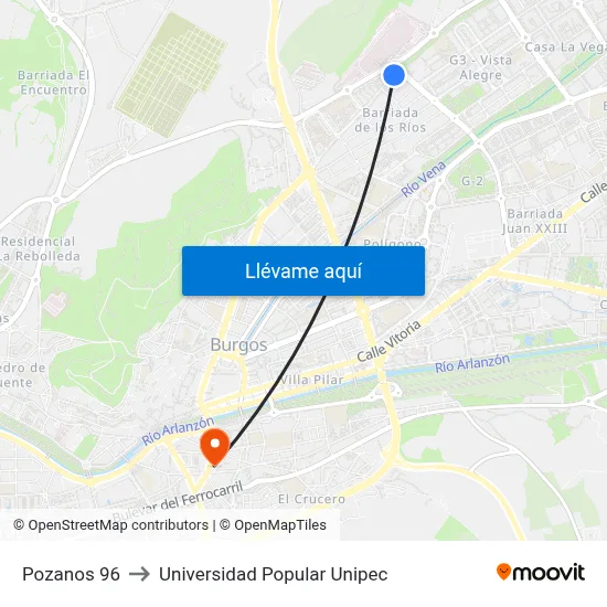 Pozanos 96 to Universidad Popular Unipec map
