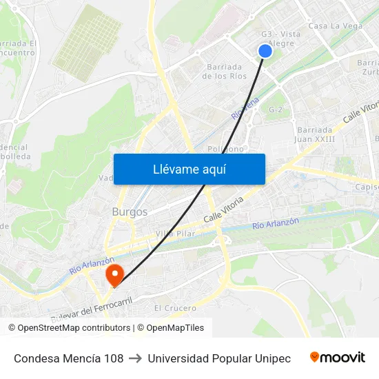 Condesa Mencía 108 to Universidad Popular Unipec map