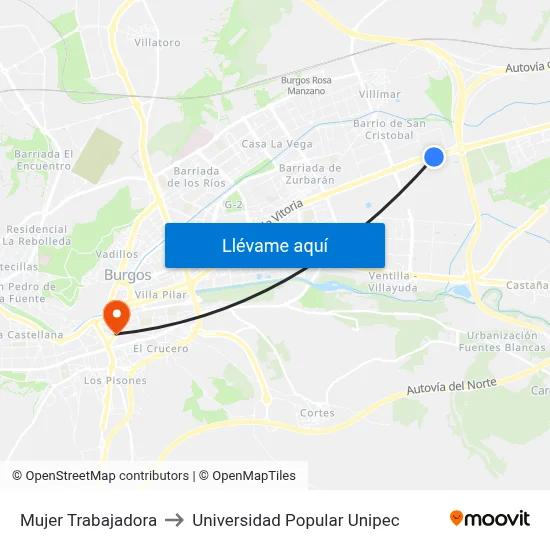 Mujer Trabajadora to Universidad Popular Unipec map