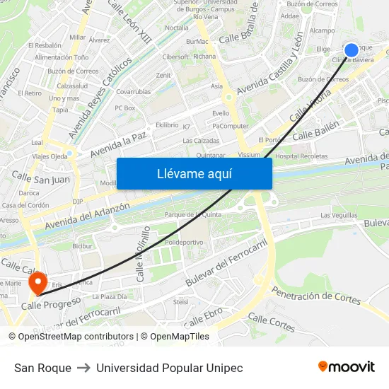 San Roque to Universidad Popular Unipec map