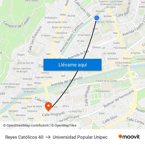 Reyes Católicos 40 to Universidad Popular Unipec map