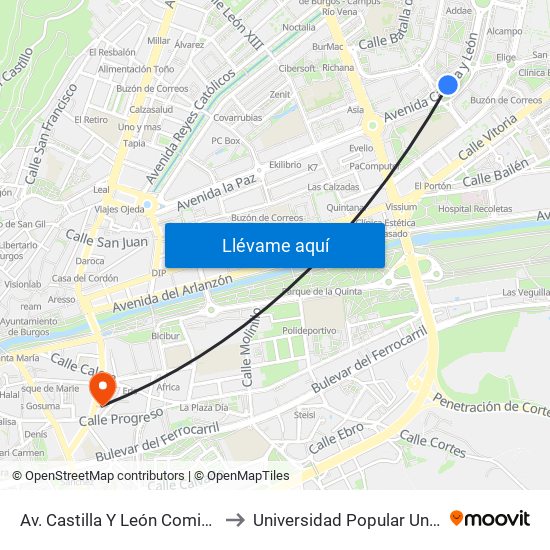 Av. Castilla Y León Comisaría to Universidad Popular Unipec map