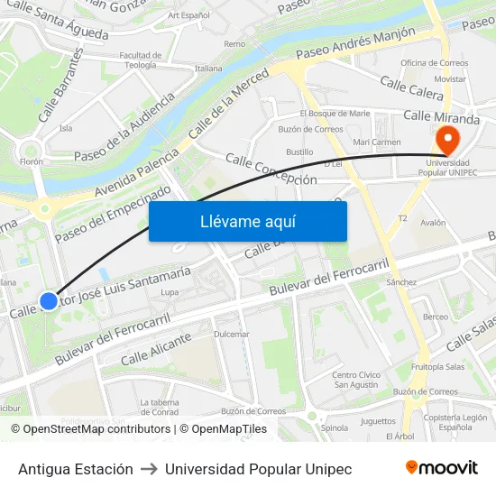 Antigua Estación to Universidad Popular Unipec map