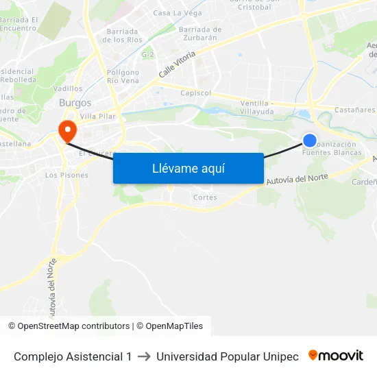 Complejo Asistencial 1 to Universidad Popular Unipec map