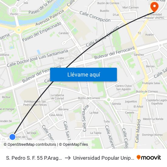 S. Pedro S. F. 55 P.Aragón to Universidad Popular Unipec map