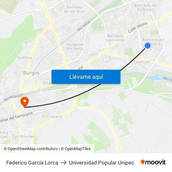 Federico García Lorca to Universidad Popular Unipec map