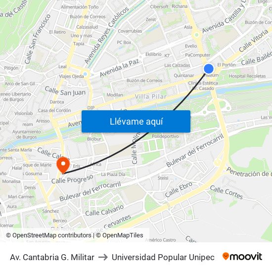 Av. Cantabria G. Militar to Universidad Popular Unipec map