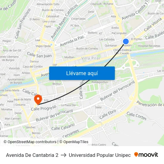 Avenida De Cantabria 2 to Universidad Popular Unipec map