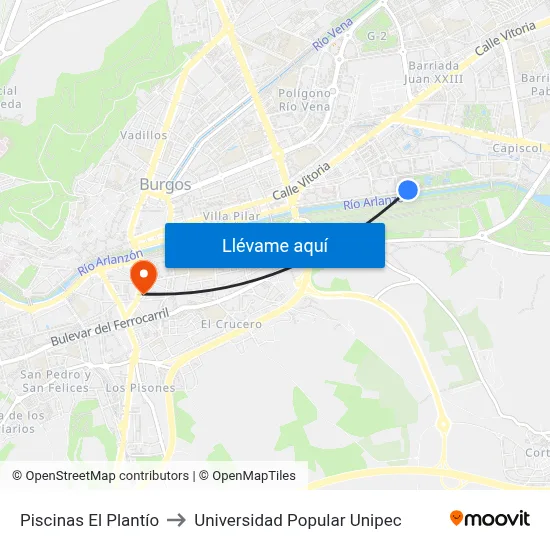 Piscinas El Plantío to Universidad Popular Unipec map