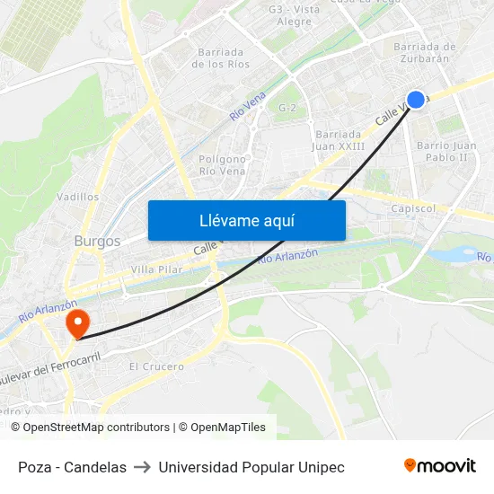 Poza - Candelas to Universidad Popular Unipec map