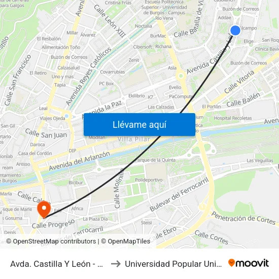 Avda. Castilla Y León - C.C. to Universidad Popular Unipec map