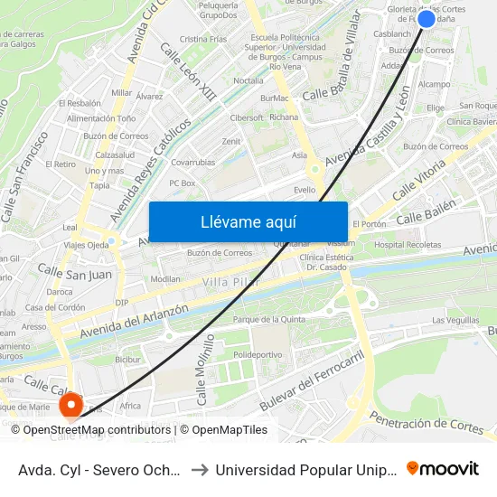 Avda. Cyl - Severo Ochoa to Universidad Popular Unipec map
